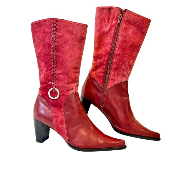 Vintage Red Suede Leather Boots 80s Retro Western Rodeo Rocker Aesthetic 7.5 - Picture 2 of 6